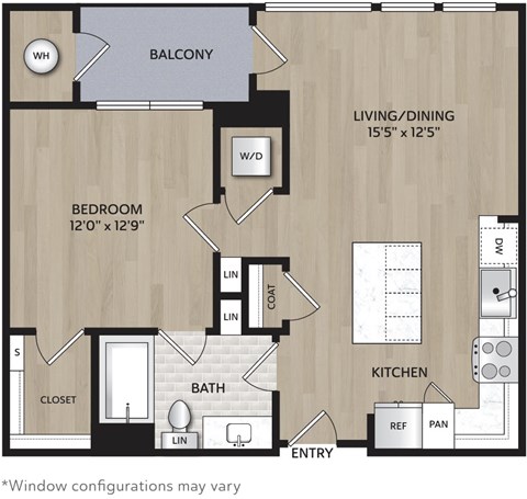 Floor plan for 1 bed, 1 bath, 711 sqft